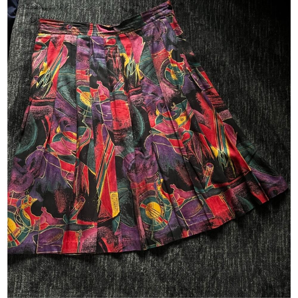 Vintage 90s Michael Taylor Abstract Purple Black Gold Midi Pleated Skirt Small
